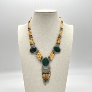 Vintage Statement Necklace Green Stone Silver Tone‎ Bamboo Tribal Boho Bohemian
